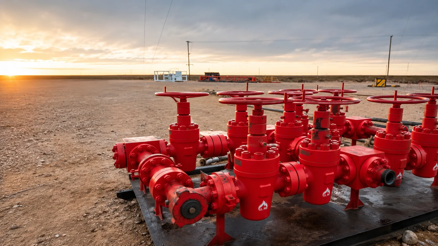 Choke manifold de G&M Rental Tools en una locación de Vaca Muerta al atardecer